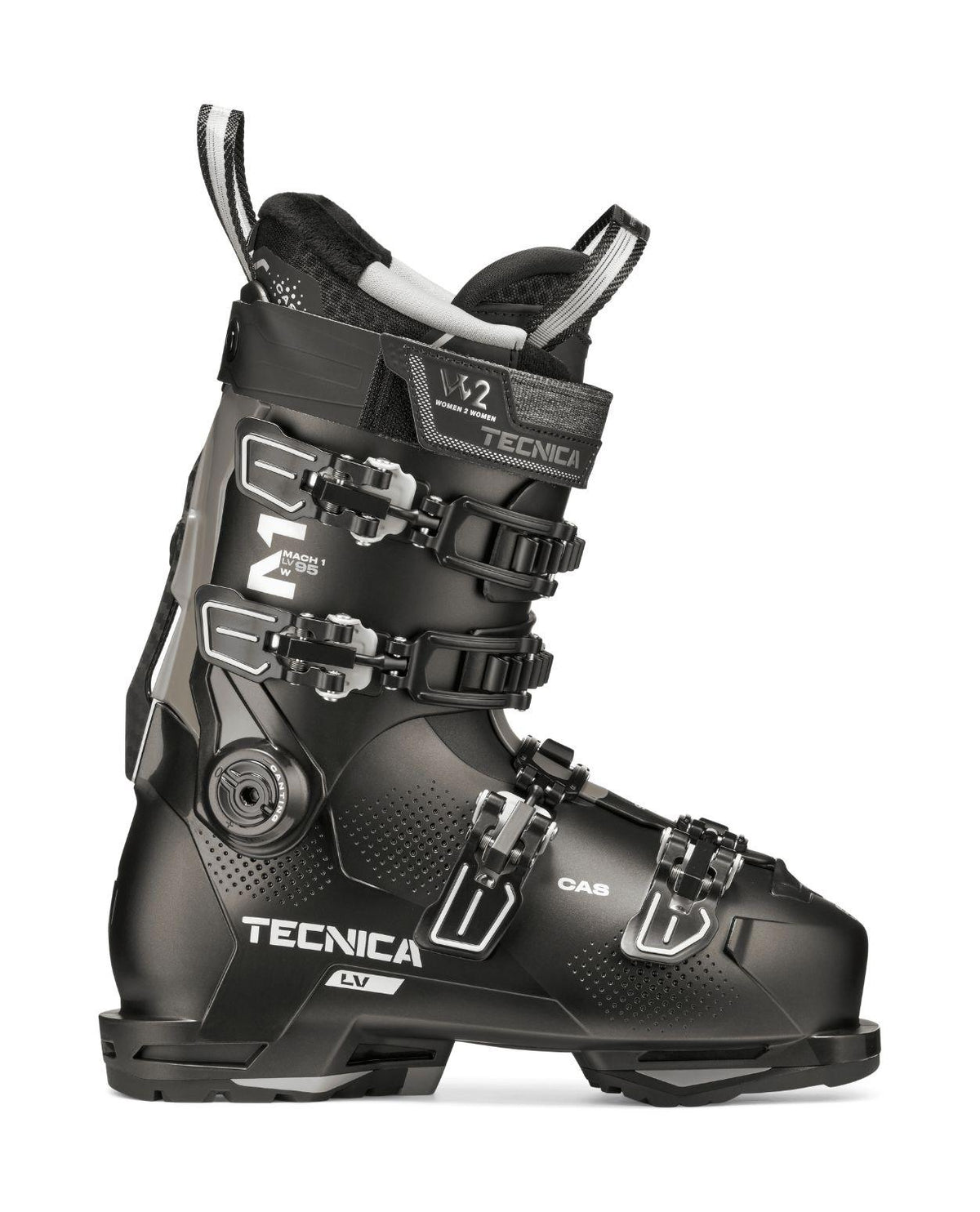 Tecnica Mach1 LV 95 TD2 Women - Svart alpinpjäxa för damer med smal läst och skön komfort.