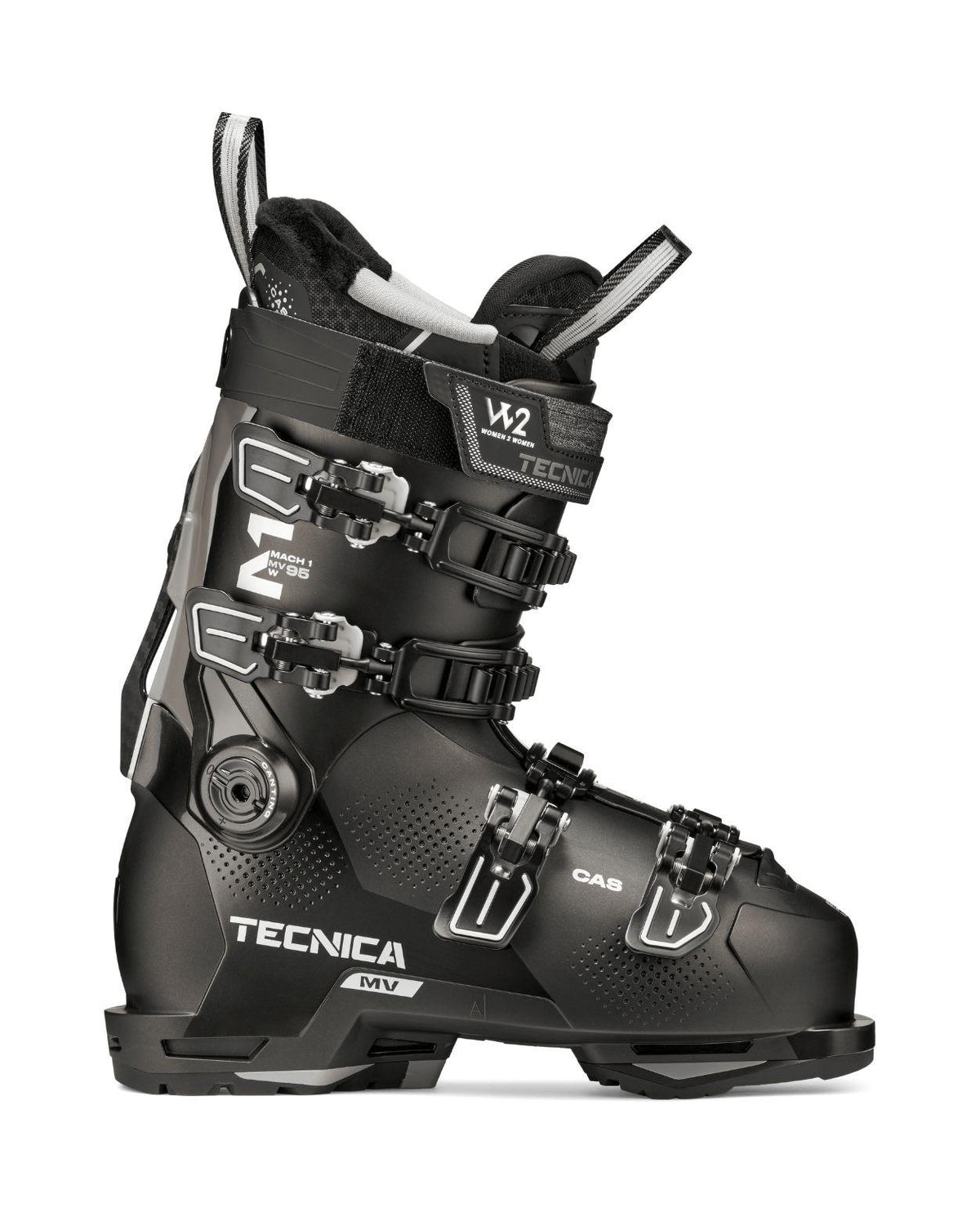 Tecnica Mach1 MV 95 TD2 dam-alpinpjäxa i svart färg för mångsidig skidåkning.