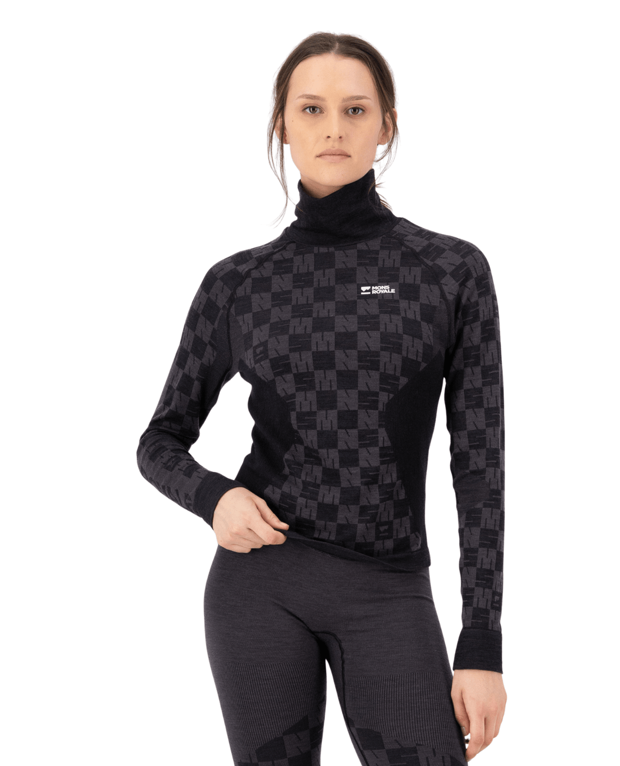 Mons Royale Womens Ascender Merino Seamless Mock Neck Long Sleeve - Forged Iron / Black - Underställ - Alpingaraget