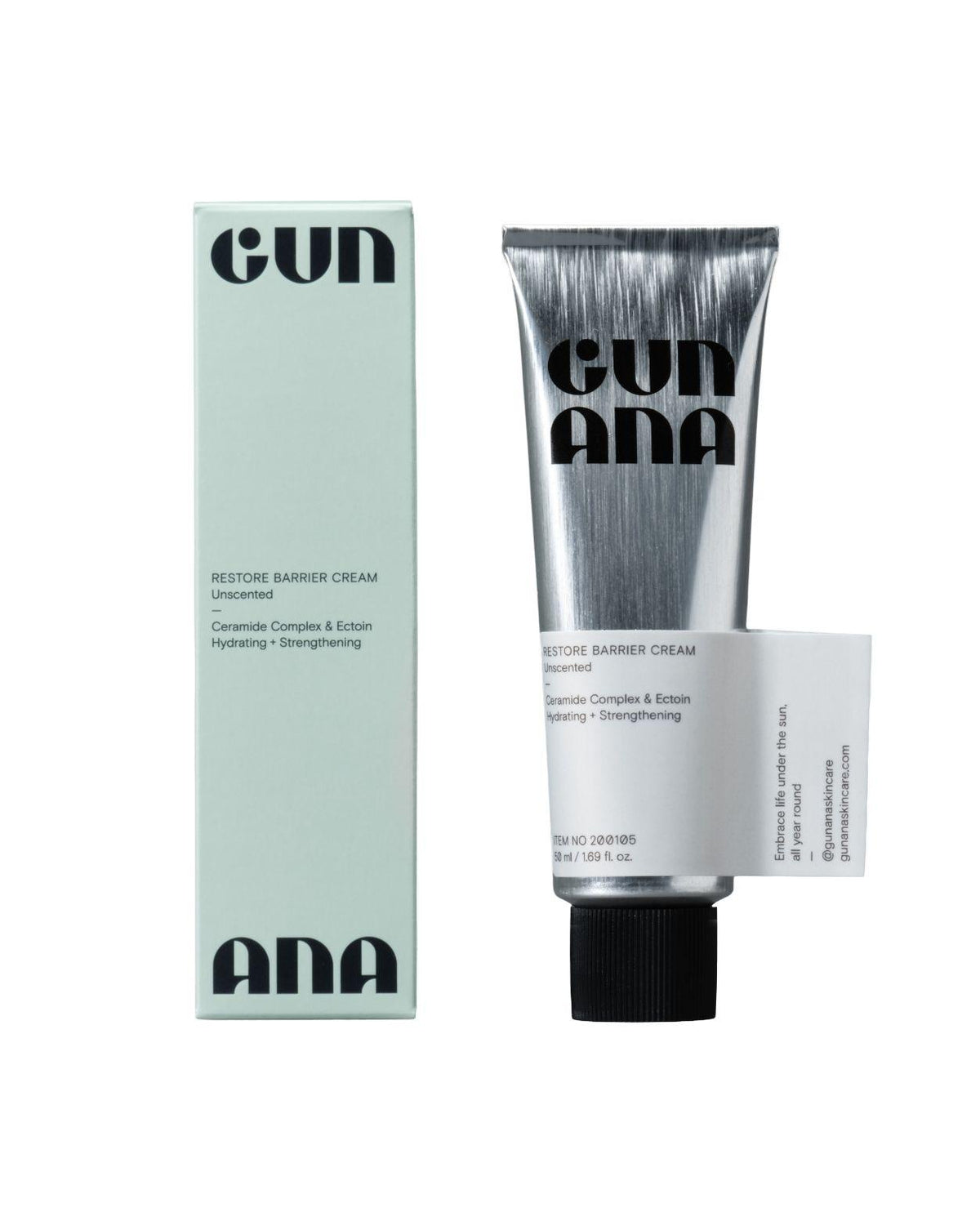 Gun Ana Restore Barrier Cream i en ljusgrön förpackning och matchande metalltub med svart kork.