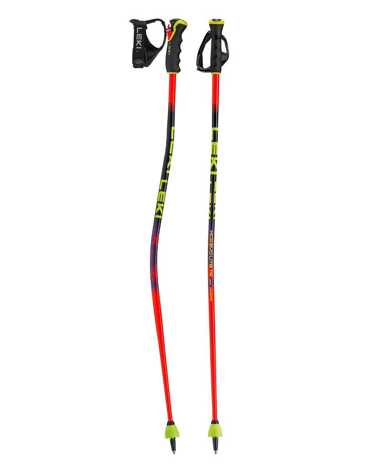 Leki WCR Evo Lite GS TR, böjda racingstavar för juniorer i storslalom med röd och neongul grafik.