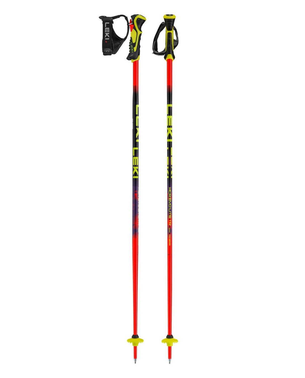 Leki WCR Evo Lite SL TR juniorracingstavar för slalom i rött, violett och neongult med Trigger 3D-system.