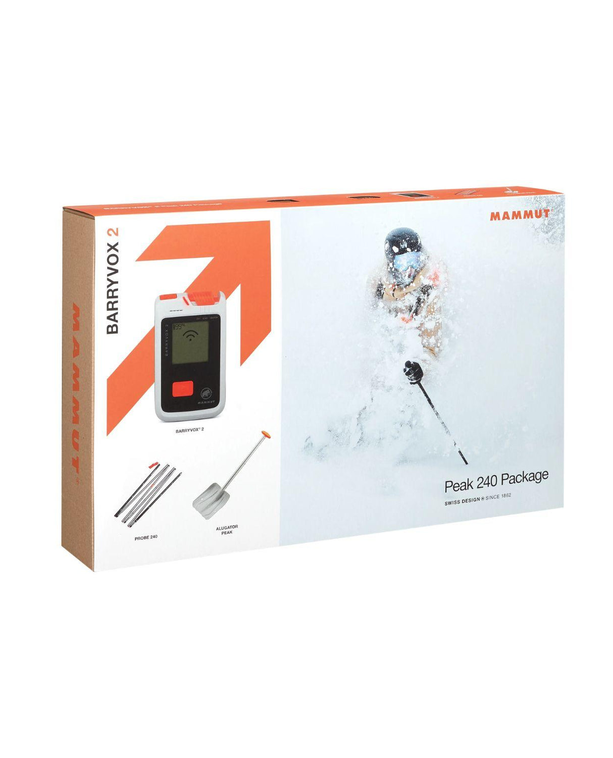 Mammut Barryvox 2 Peak 240 Package förpackning med lavinsändare, sond och spade.