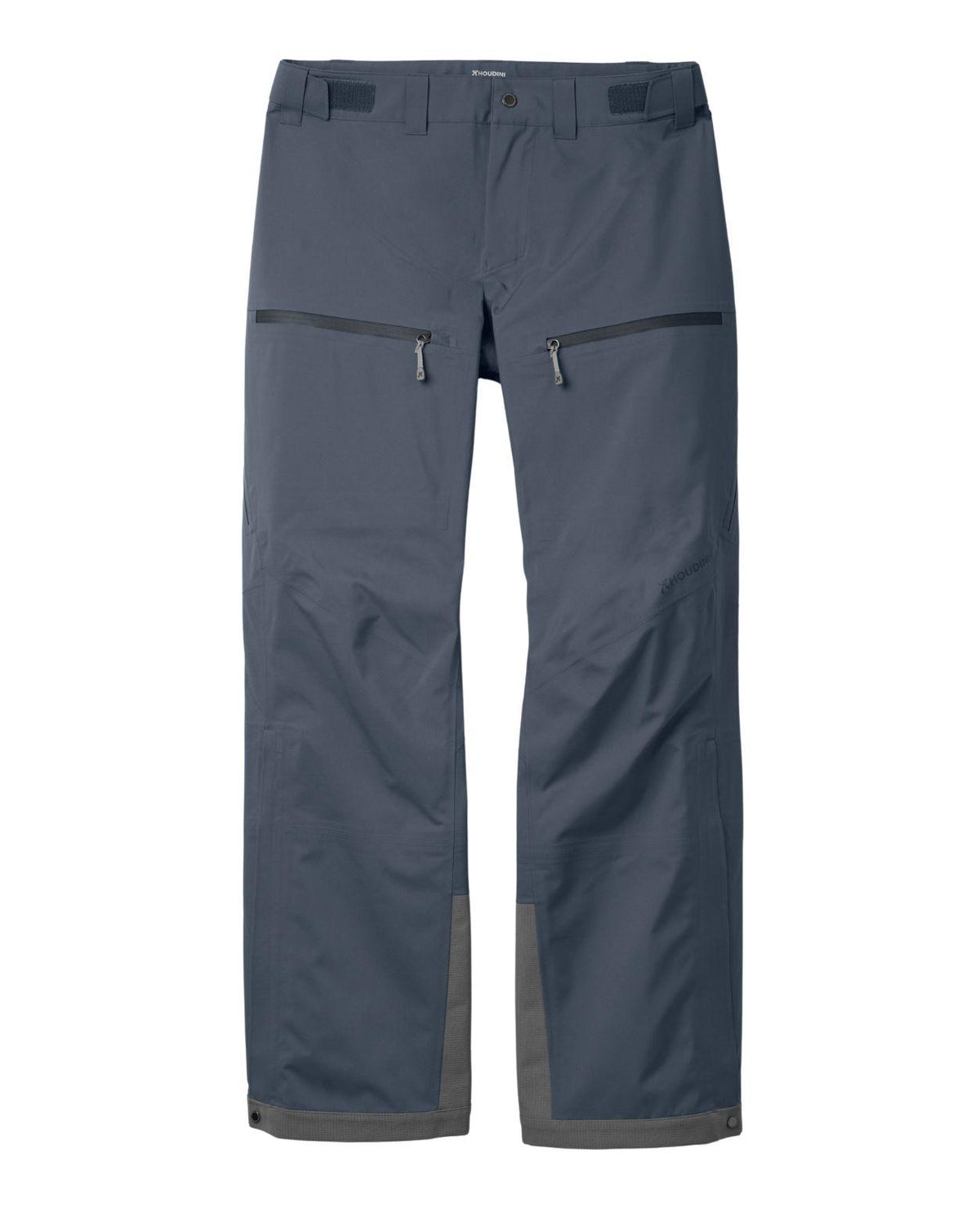 Houdini Ride Pants II skidbyxor i blått för herrar med dragkedjeförsedda fickor fram.