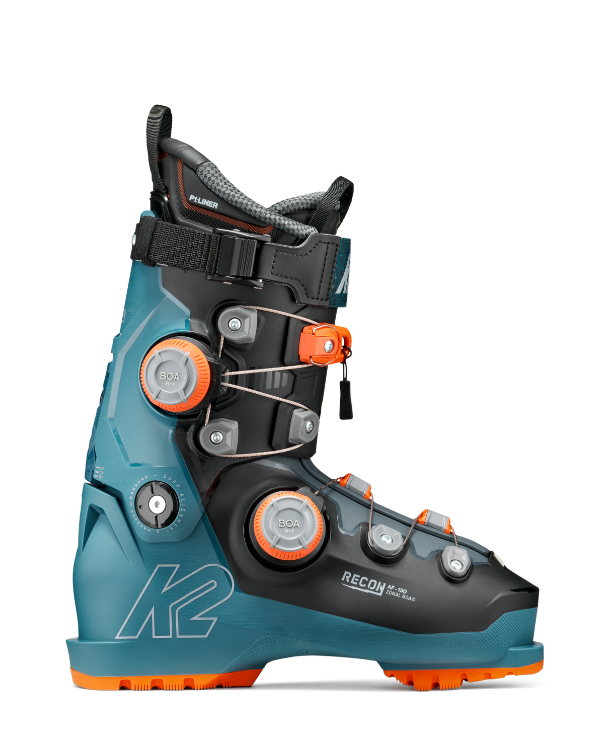 K2 Recon 130 AF Zonal BOA 26/27 är en kraftfull alpinpjäxa i turkosa och svarta färgdetaljer för krävande utförsåkare.