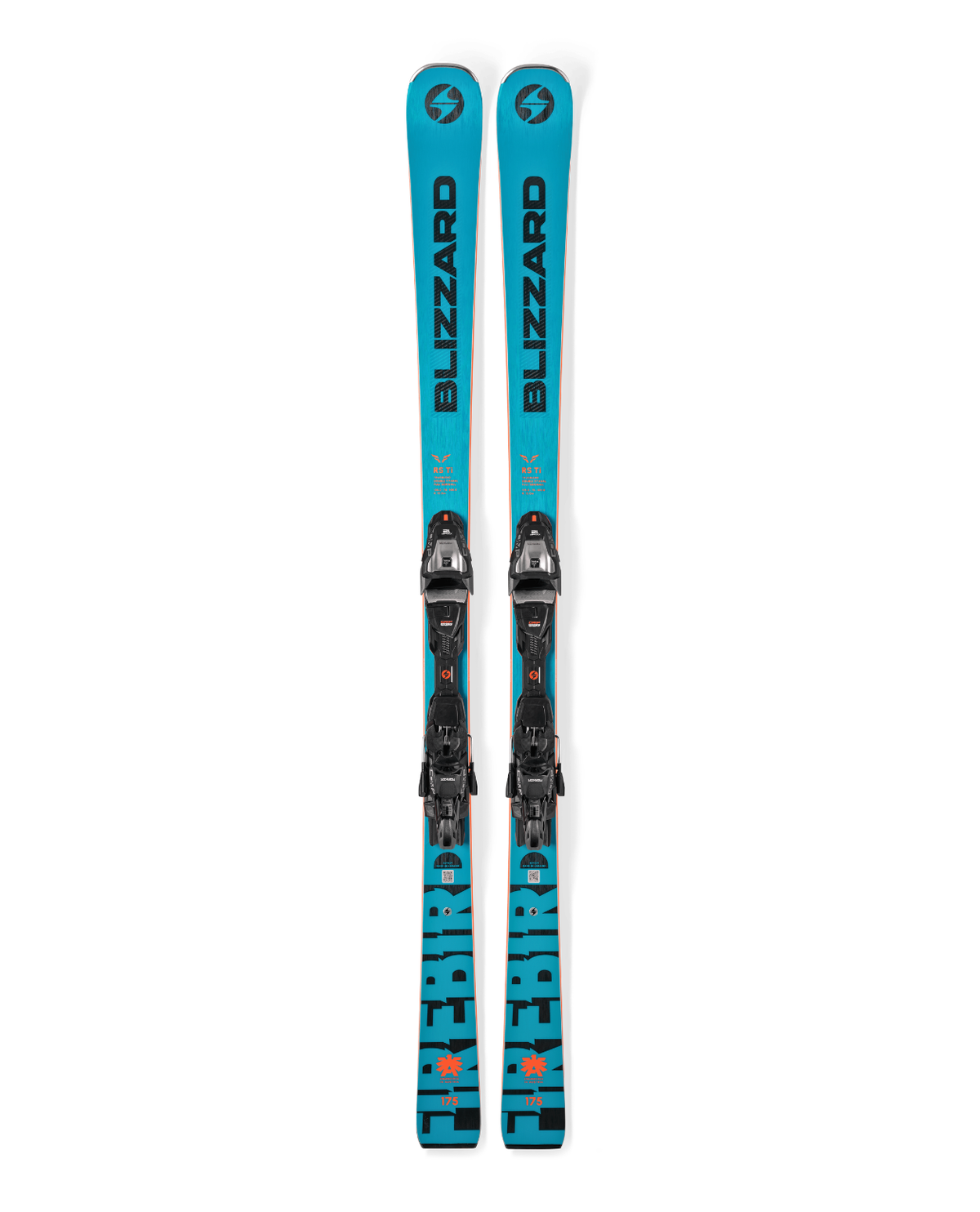 Blizzard Firebird 76 RS TI + Xcell 12 Demo pistskidor i blå och svart design med förmonterade bindningar.