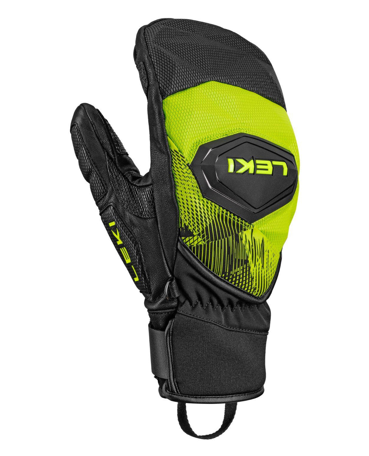 Leki WCR Pro Zero Mitt i svart och neongult, teknisk racingvante för alpina tävlingsåkare.