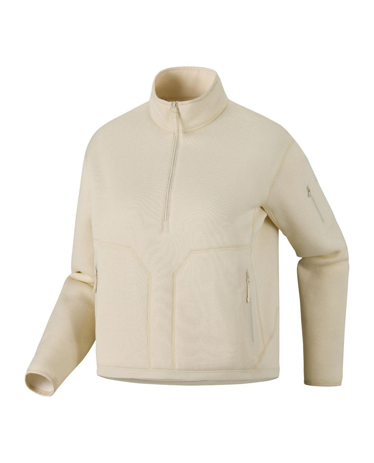 Arc'teryx Covert 1/2 Zip dammellanlager i beige fleece med återvunnet material och hög krage.