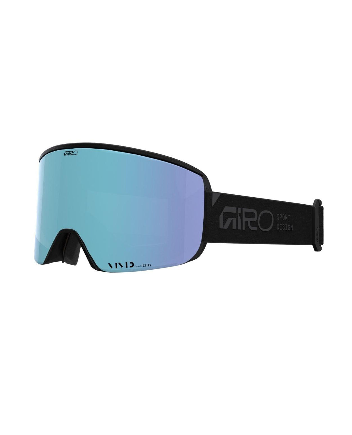 Giro Axis Black Stacked skidglasögon med speglande blå lins och svart rem mot vit bakgrund.