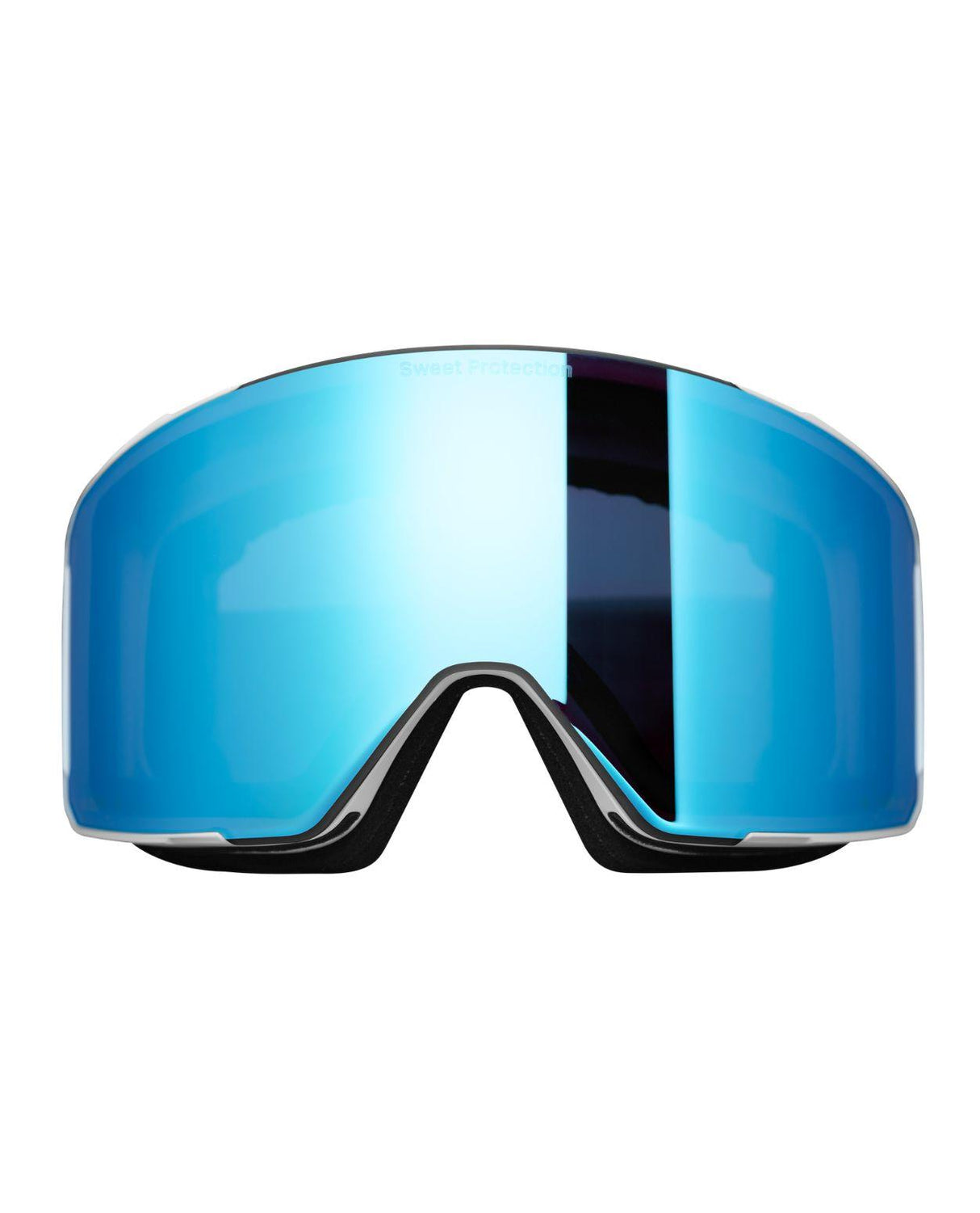 Sweet Protection Boondock II M goggles med vit ram och blåspeglande RIG Aquamarine-lins för alpina skidåkare.