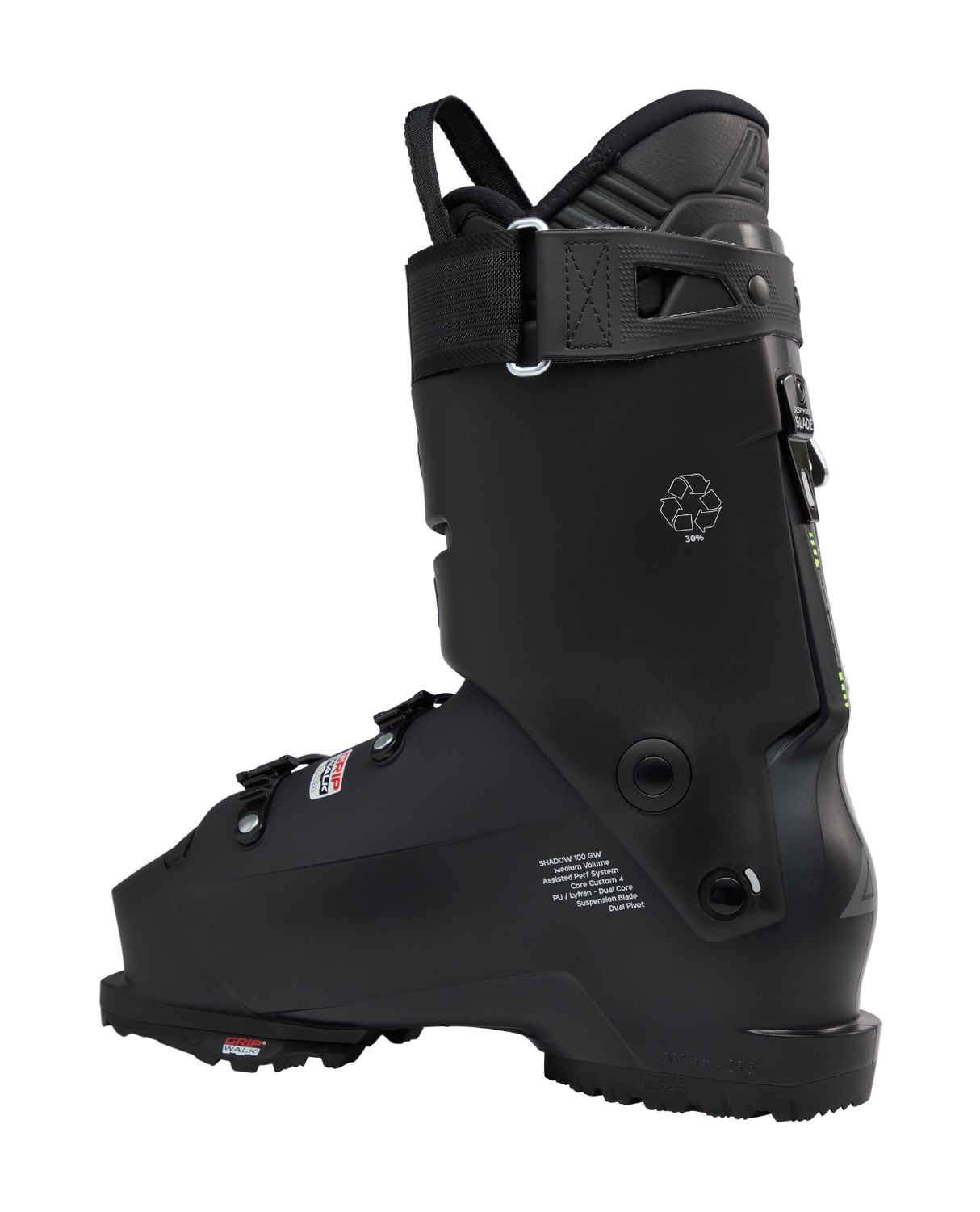 Lange Shadow 100 MV GW svart alpinpjäxa från sidan med GripWalk-sula och stötdämpande konstruktion.