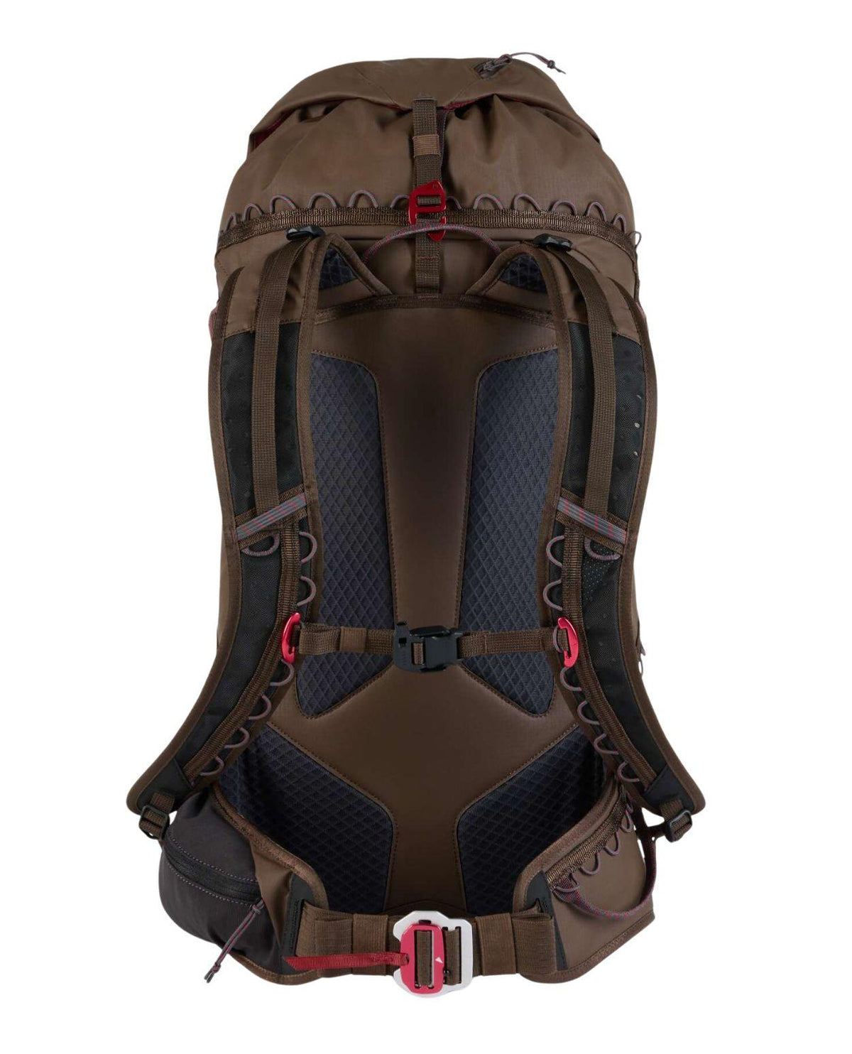 Klättermusen Gyme Backpack 25L i färgen Slate Brown visas bakifrån, med fokus på det ergonomiska bärsystemet och de röda detaljerna.