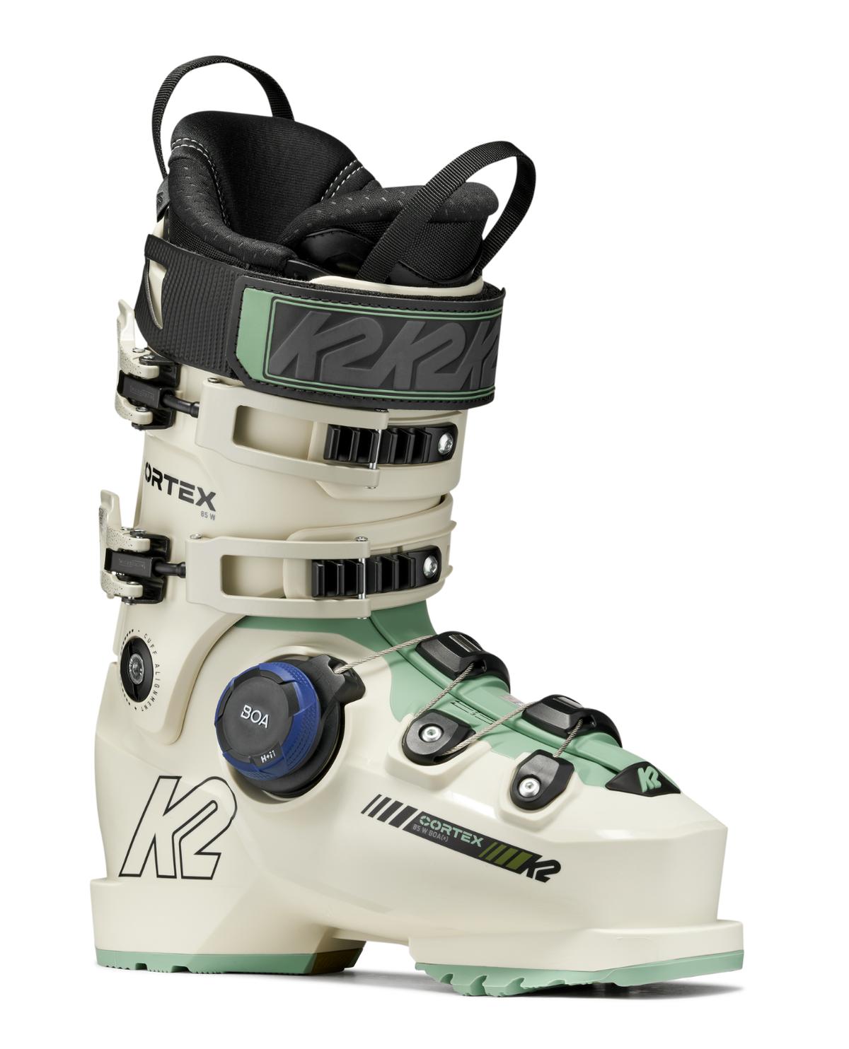 K2 Cortex 85 BOA Women damalpinpjäxa i ljusbeige och grönt med BOA-system.