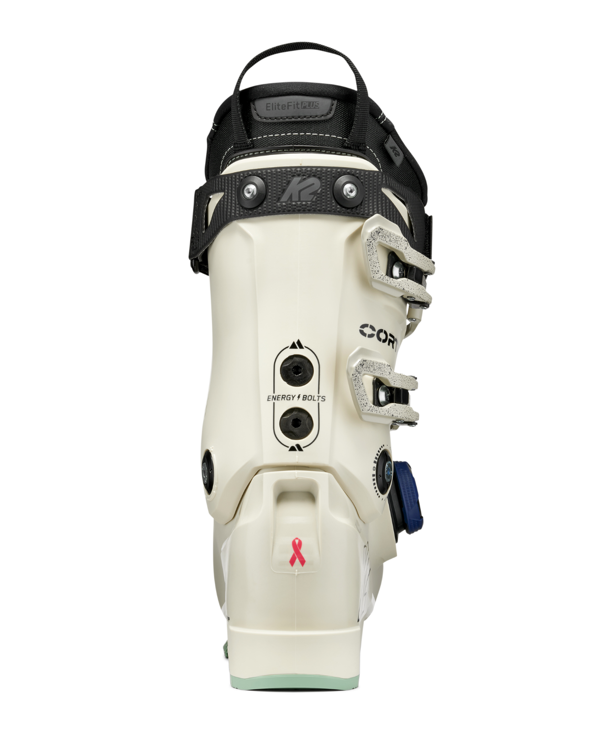 Baksida av damernas alpina pjäxa K2 Cortex 85 BOA i vit design med Energy Bolts och powerstrap.