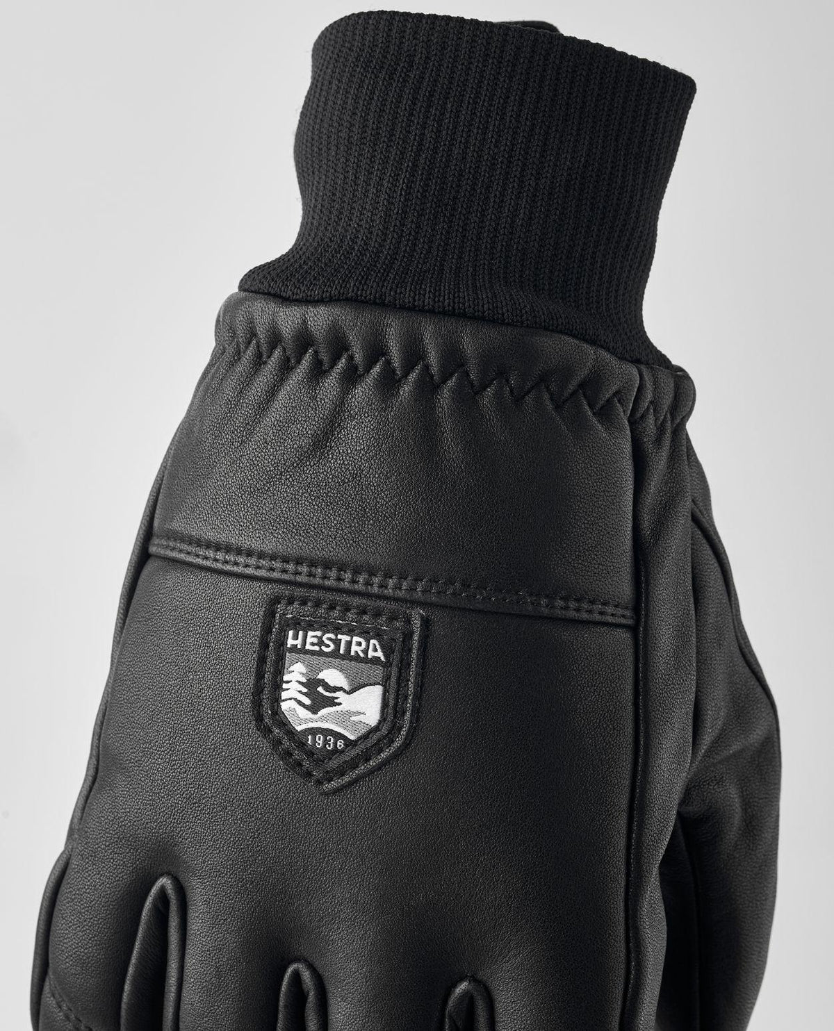 Hestra Omni 5 Finger skidhandske i svart läder med ribbstickad mudd och logotyp.