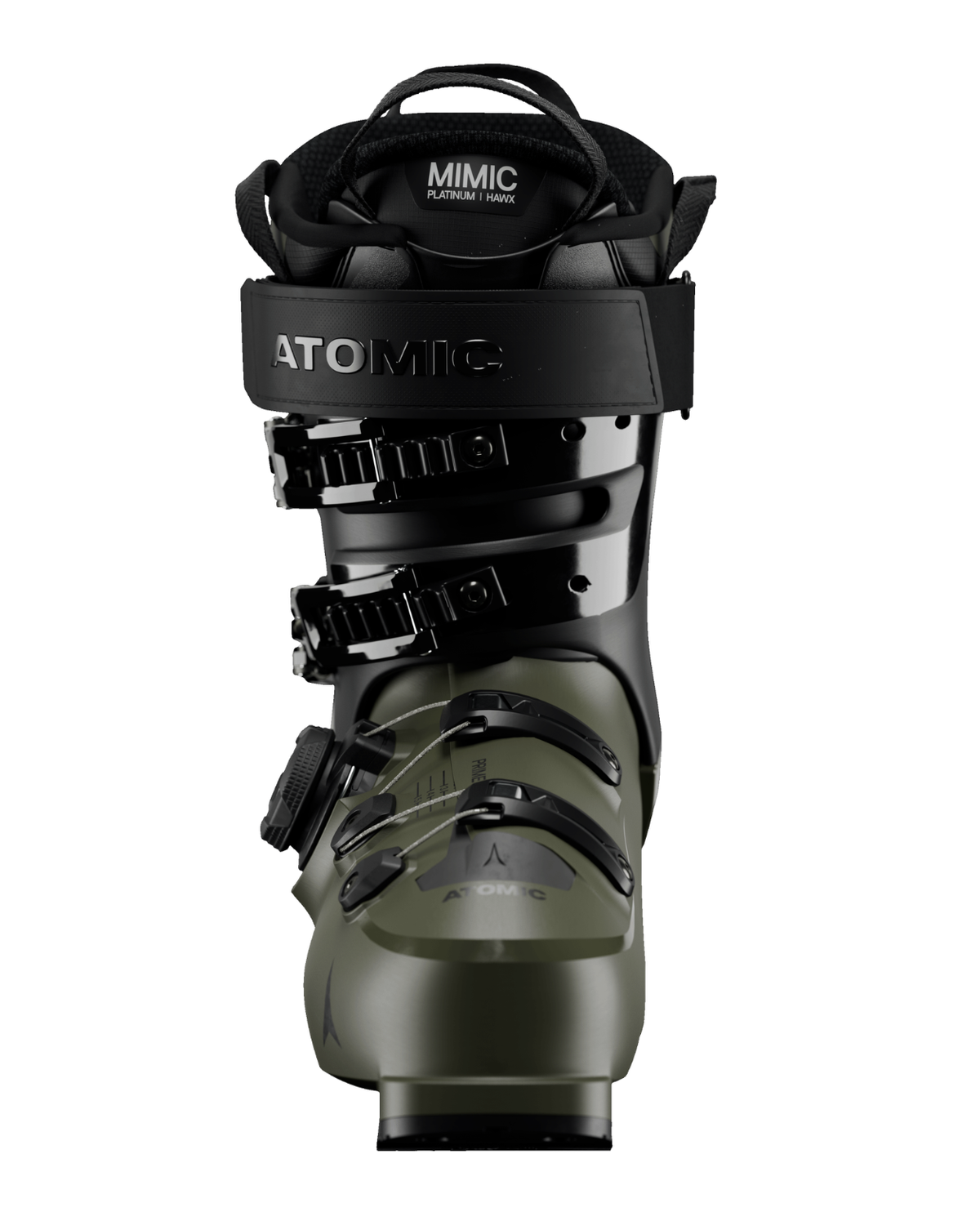 Olivgrön Atomic Hawx Prime 120 S BOA alpinpjäxa med BOA Fit System och svarta detaljer sedd framifrån.
