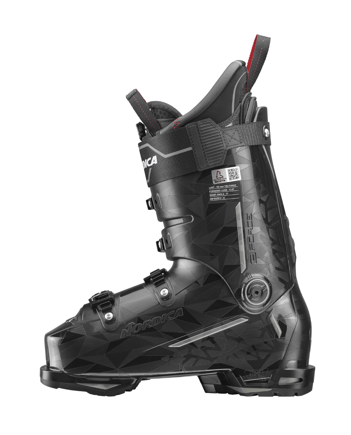 Nordica Pro Machine 3 130 S GW i svart utförande som visar alpinpjÀxans profil och detaljer.