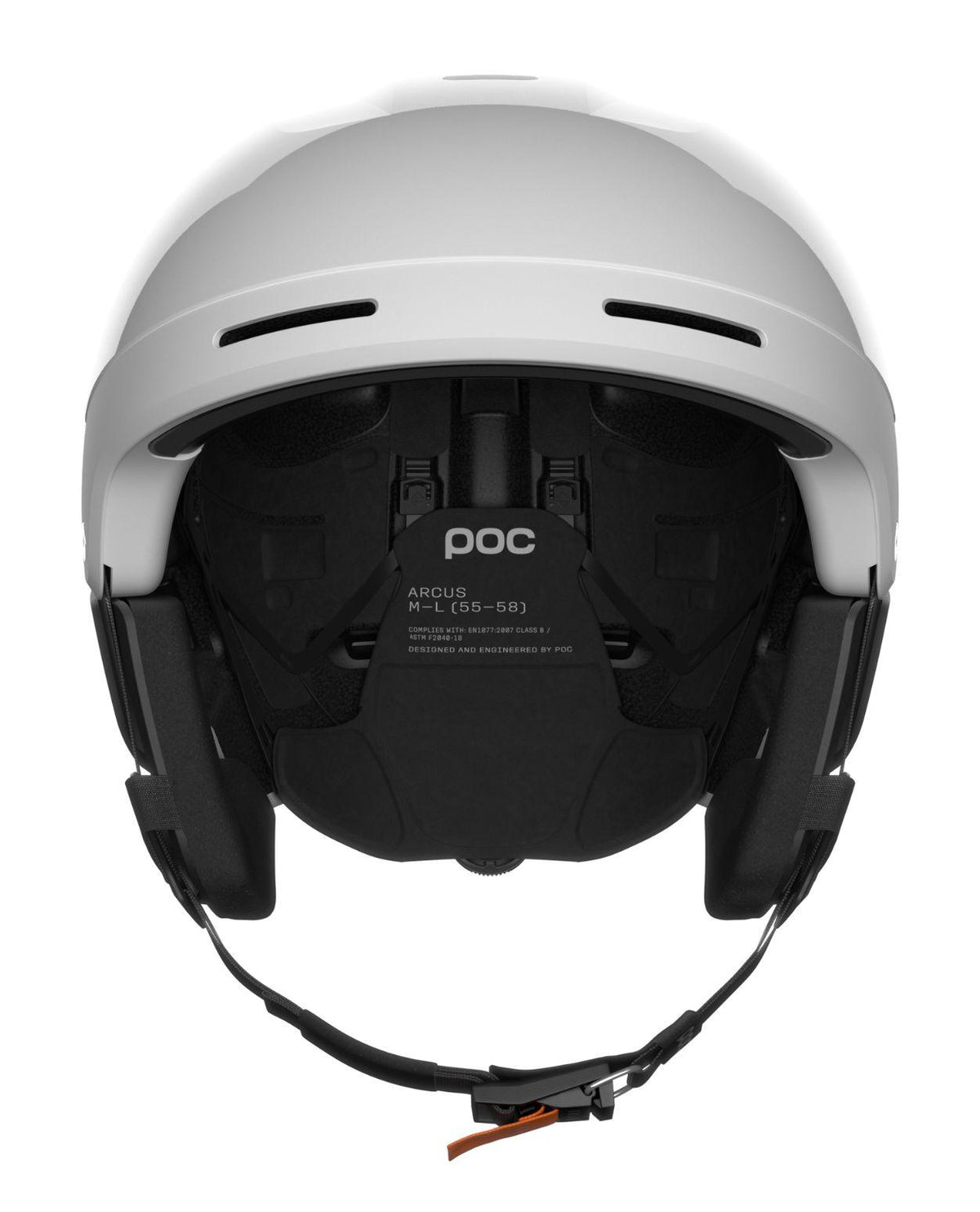 POC Arcus skidhjälm i Hydrogen White visad bakifrån med fokus på innerdetaljer och storleksmärkning.