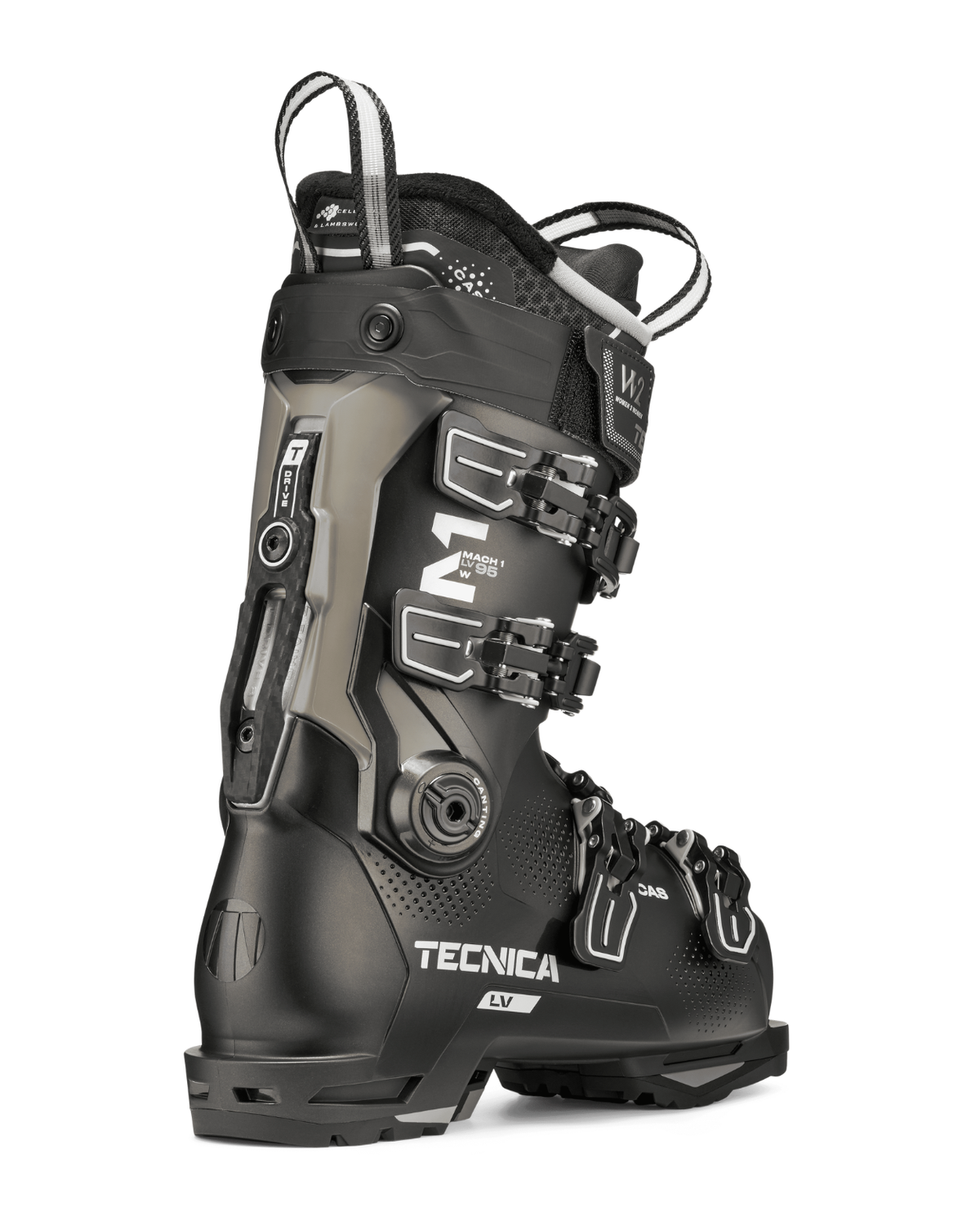 Tecnica Mach1 LV 95 TD2 Women dam-alpinpjäxa i svart färg från bakre vinkel med spännen och skaftdetaljer