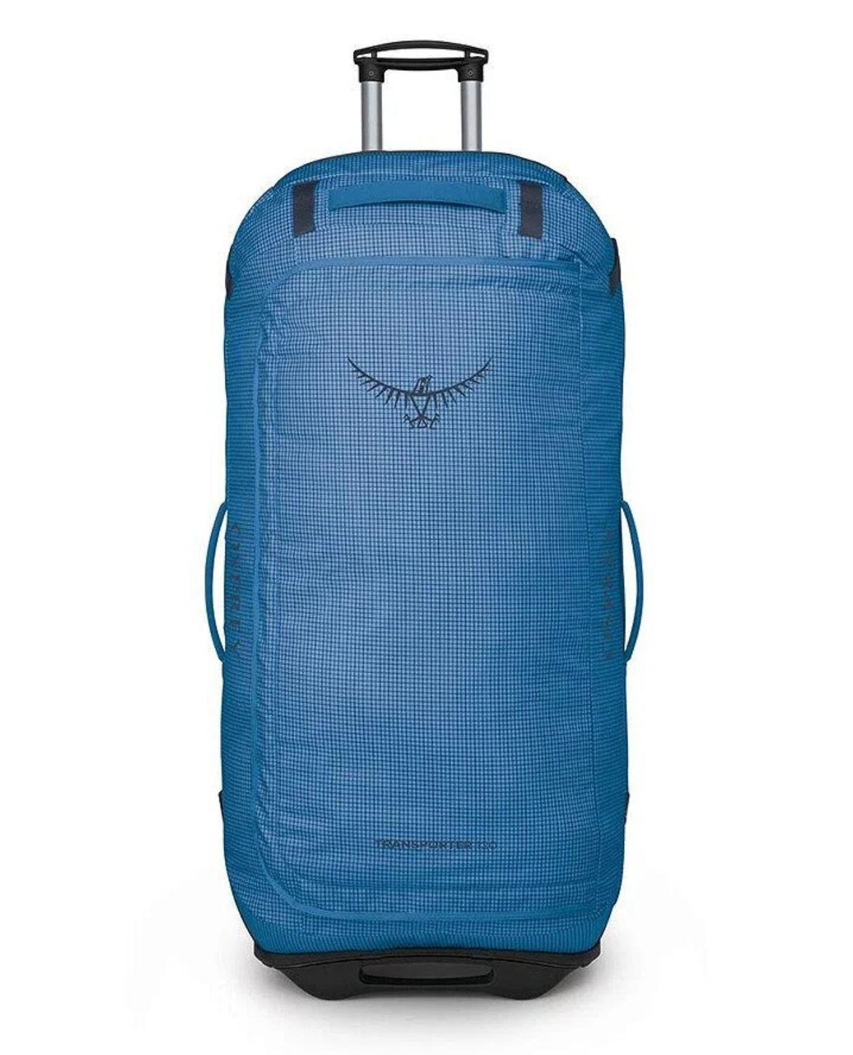 Osprey Transporter Wheeled Duffel 120L i blått material med utdragbart handtag och robusta hjul.
