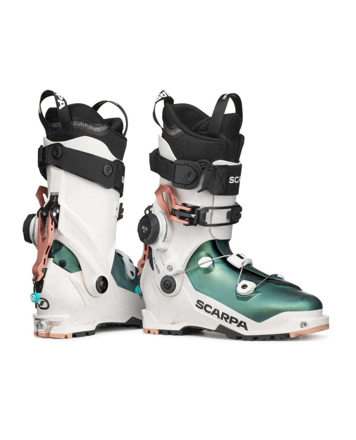 Scarpa F1 RS Women damtoppturspjäxor i vit och regnbågsgrön färg med BOA-system.