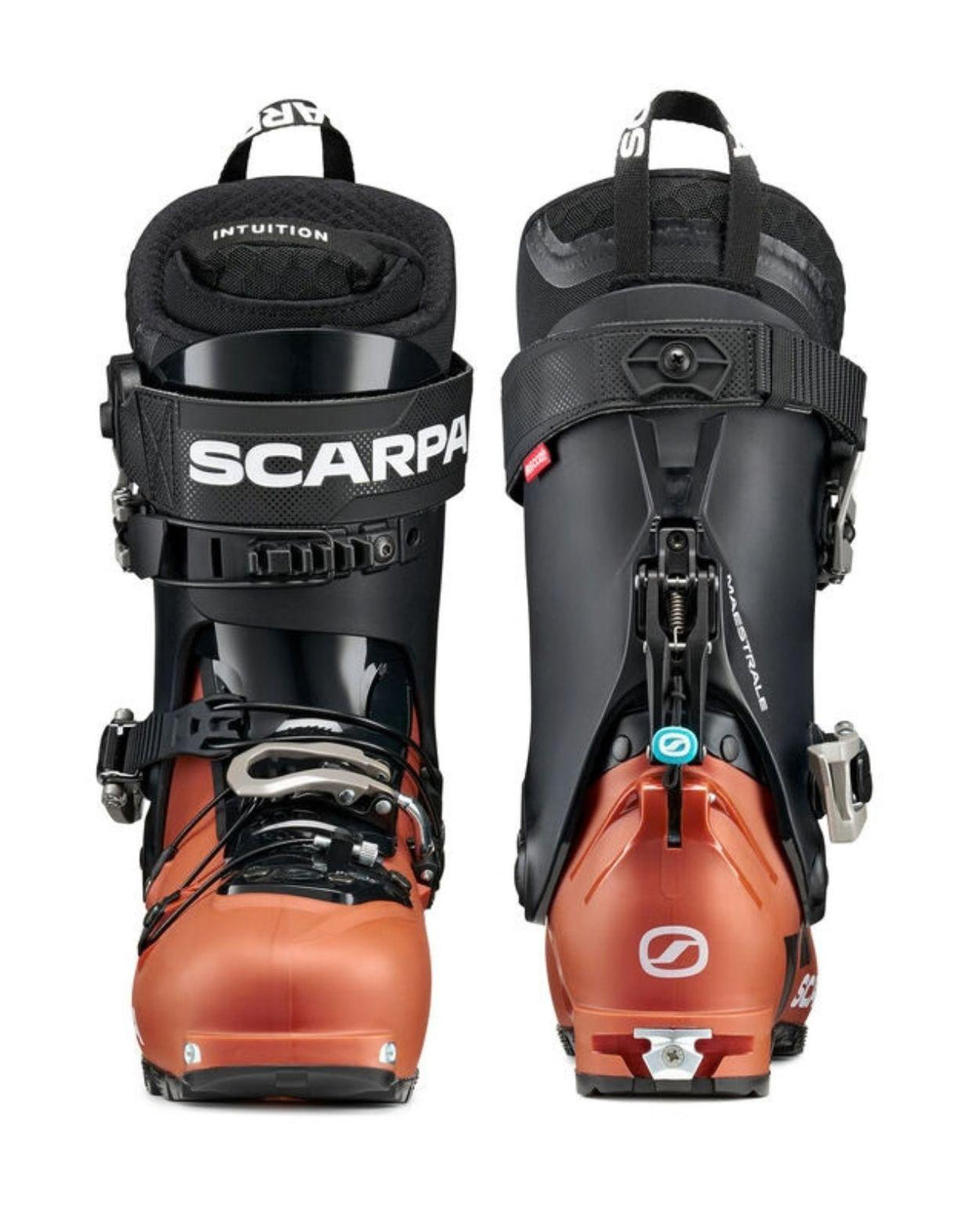 Scarpa Maestrale toppturspjäxor i orange och svart visade fram- och bakifrån.
