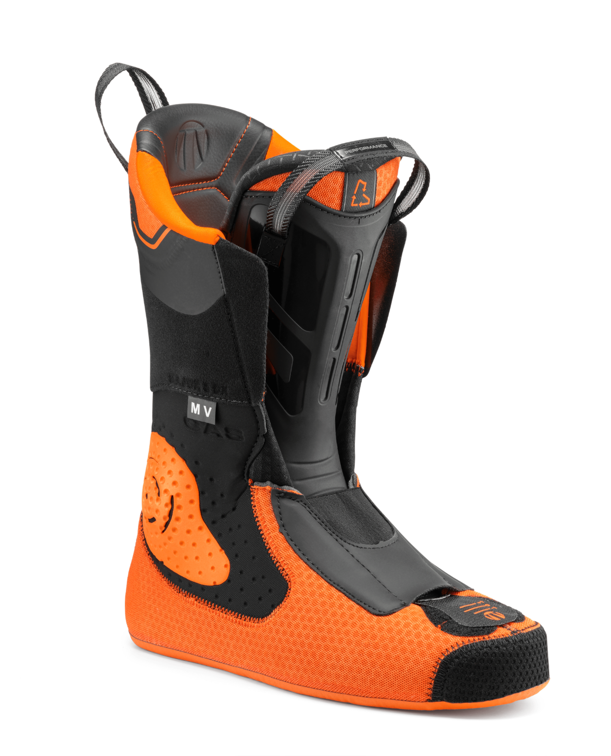 Tecnica Mach1 MV 110 TD2 - Innerpjäxa med svart och orange design för alpina skidåkare.