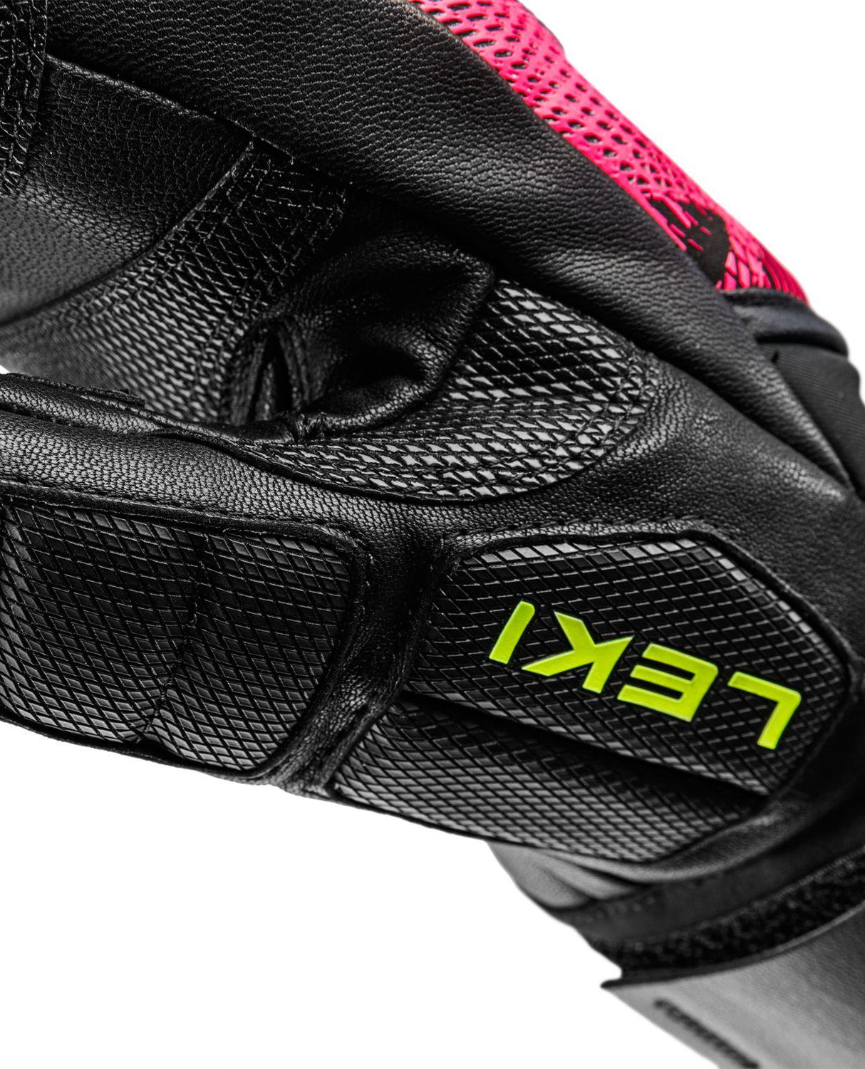 Leki WCR Pro Zero Mitt i läder med förstärkt innerhand och neongul logotyp för alpina tävlingsåkare.