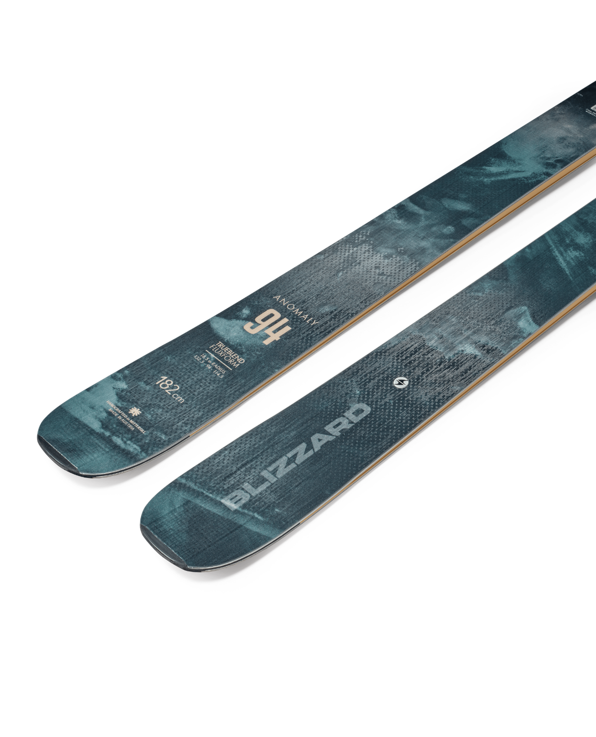 Blizzard Anomaly 94 allmountainskidor med grön- och guldfärgad design och synlig logotyp.