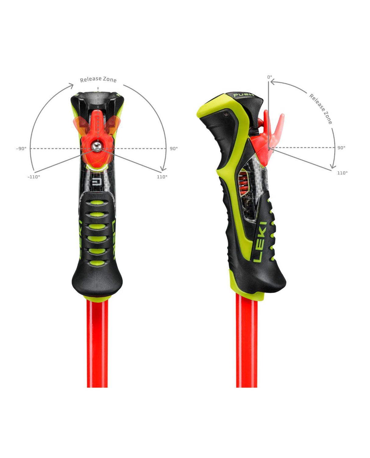 Leki Venom SL TR grepp i rött och neon gult med Trigger 3D-systemets utlösningszon för alpina tävlingsåkare.