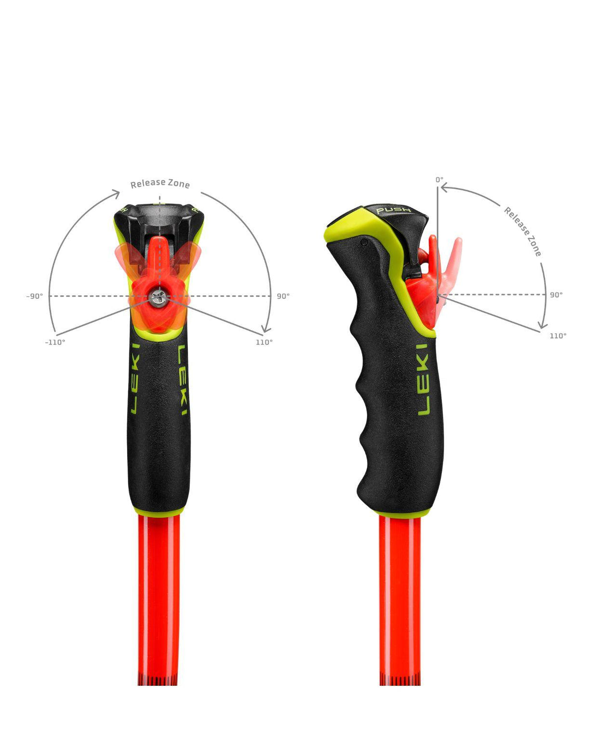 Leki WCR SG/DH TR racingstav med Trigger 3D-systemets exakta utlösningsvinklar för maximal säkerhet.