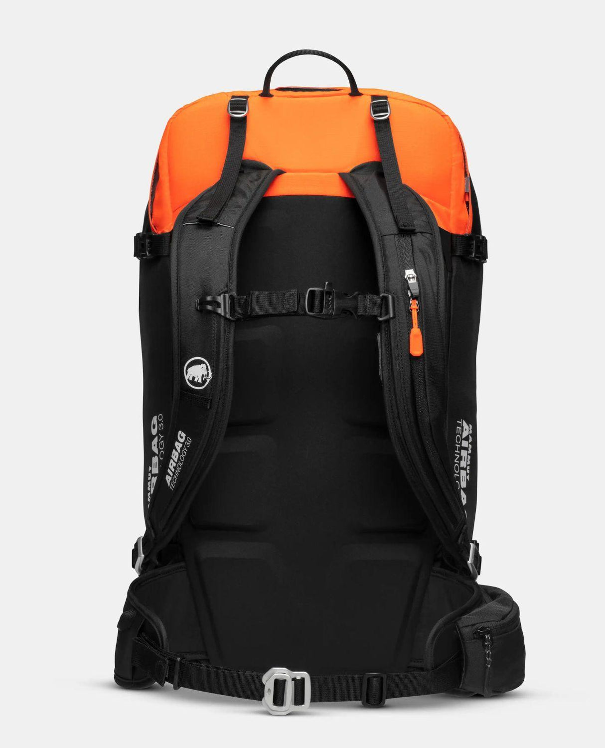 Svart och orange Mammut Tour 40 Removable Airbag 3.0 toppturssäck visad bakifrån med axelremmar och bärsystem.