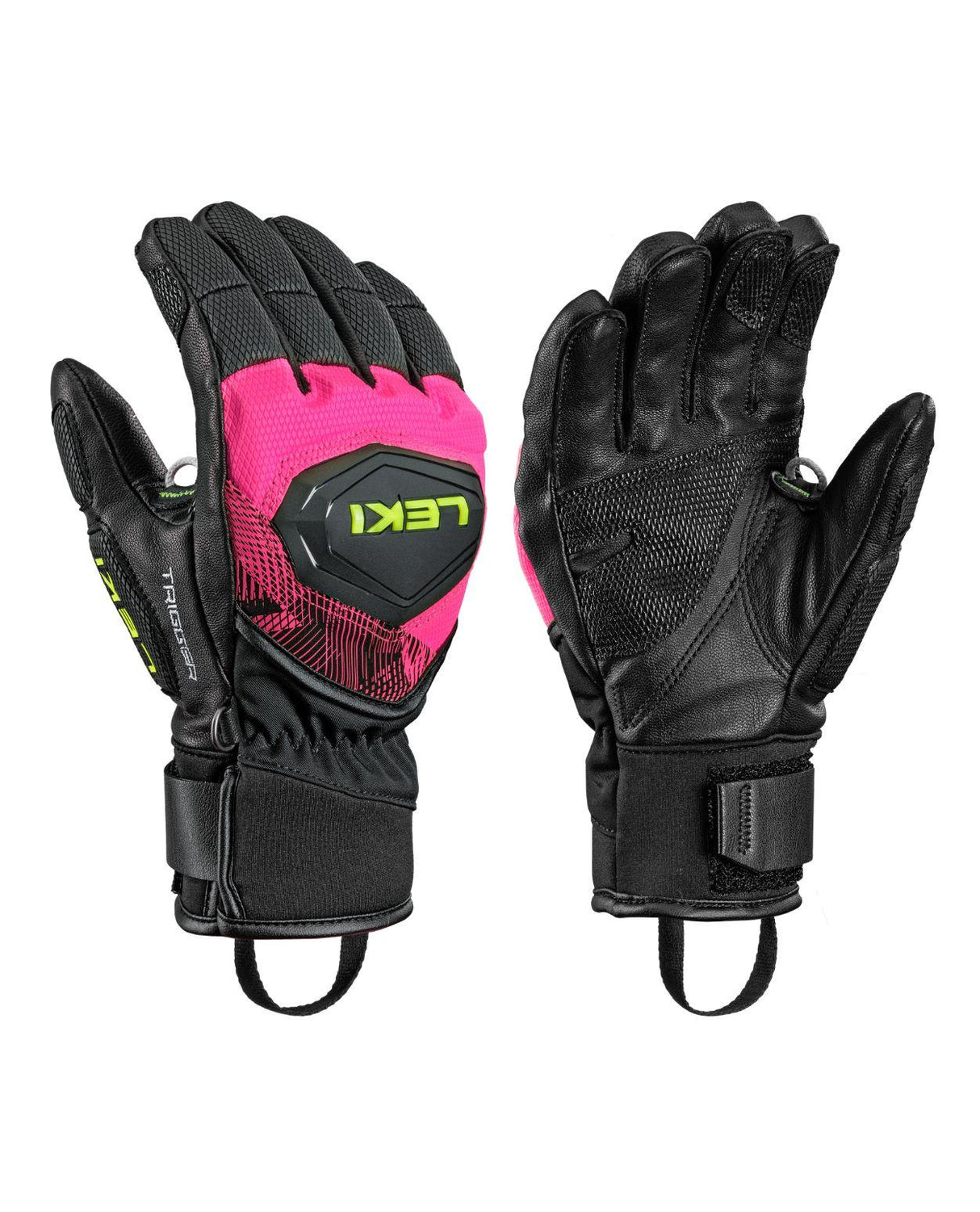 Leki WCR Pro TR Mitt Junior racingvante i svart och neonrosa med Trigger-system för alpina tävlingsåkare.