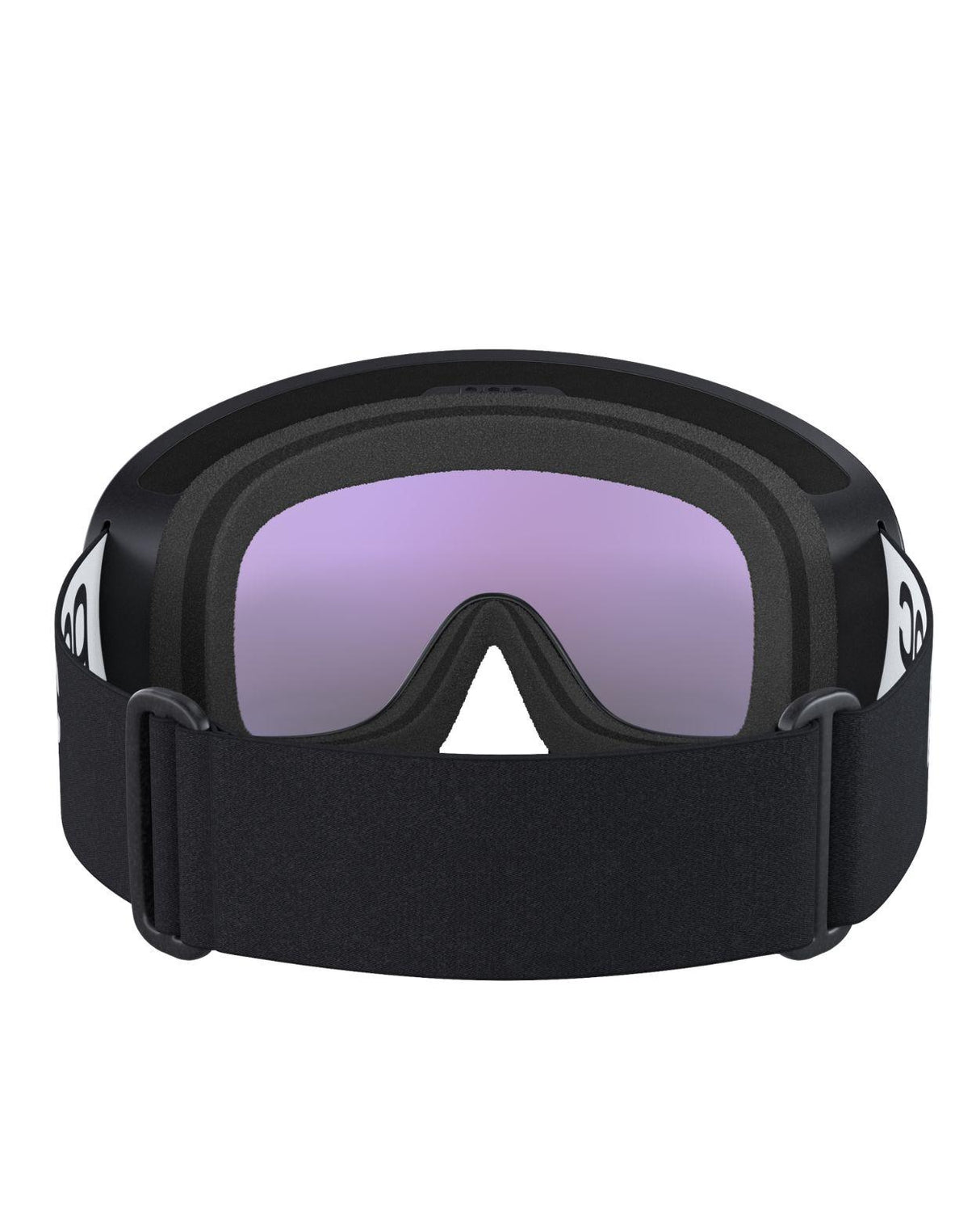 POC Fovea skidglasögon i Uranium Black med Partly Sunny Blue-lins sedda bakifrån med rem.
