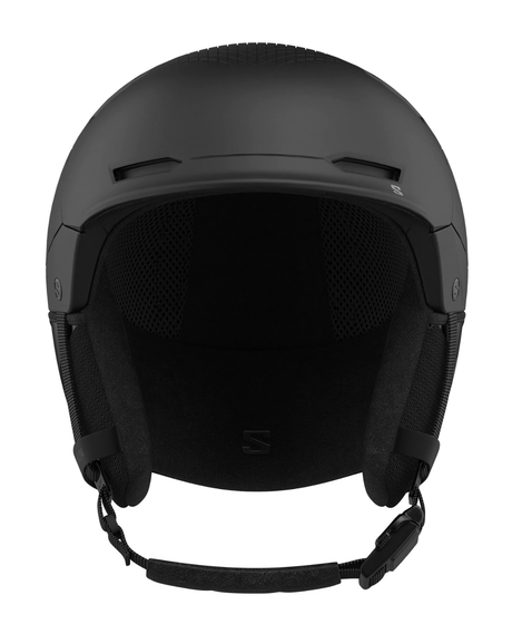 Svart Salomon Husk Prime Mips skidhjälm visad framifrån. Justerbar passform med BOA-system, finns i storlek M (56-59 cm) och L (59-62 cm). - Alpingaraget