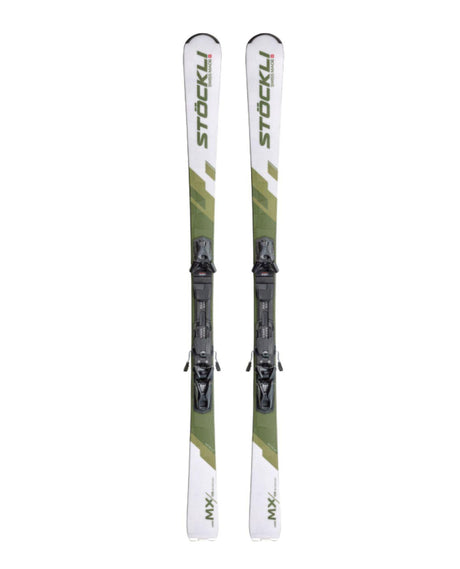 Stöckli Laser MX + SRT pistskidor för damer med vit och grön design - Alpingaraget
