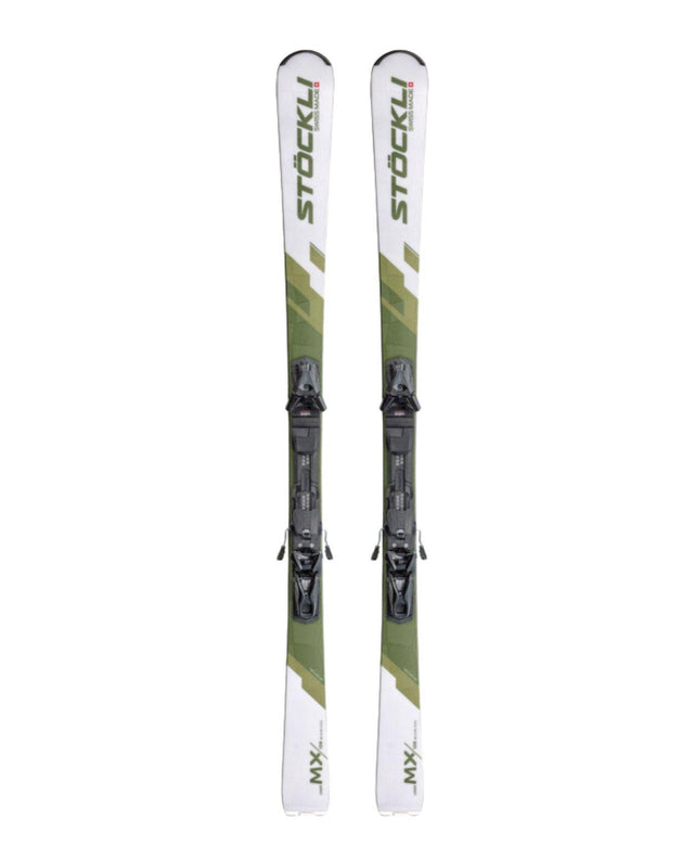 Stöckli Laser MX + SRT pistskidor för damer med vit och grön design - Alpingaraget