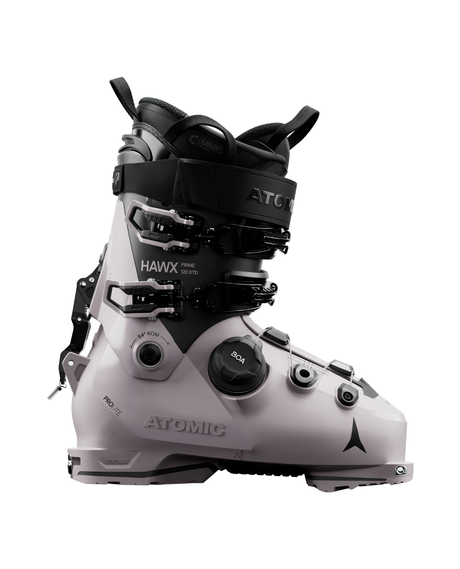 Grå Atomic Hawx Prime XTD 120 BOA 26/27 toppturspjäxa med BOA-system och teknisk design för alpina skidåkare.