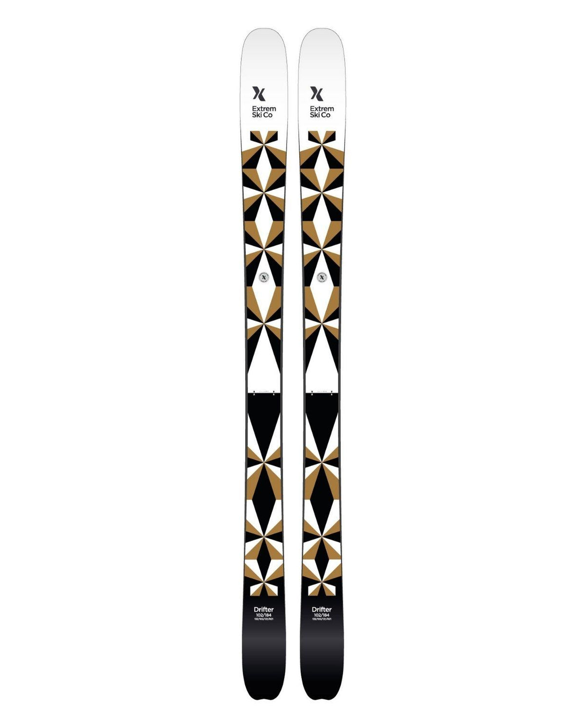 Extrem Ski Co Drifter 102 26/27 topptursskidor i vitt och beige med geometriskt mönster.