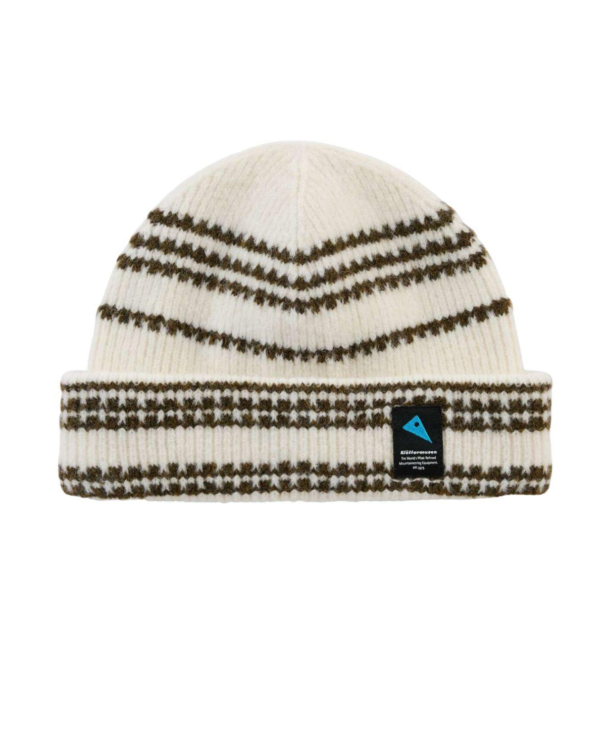 Klättermusen Runa Bandr Beanie - Vit mössa i stickad design med mönstrade ränder och klassisk logotyp.