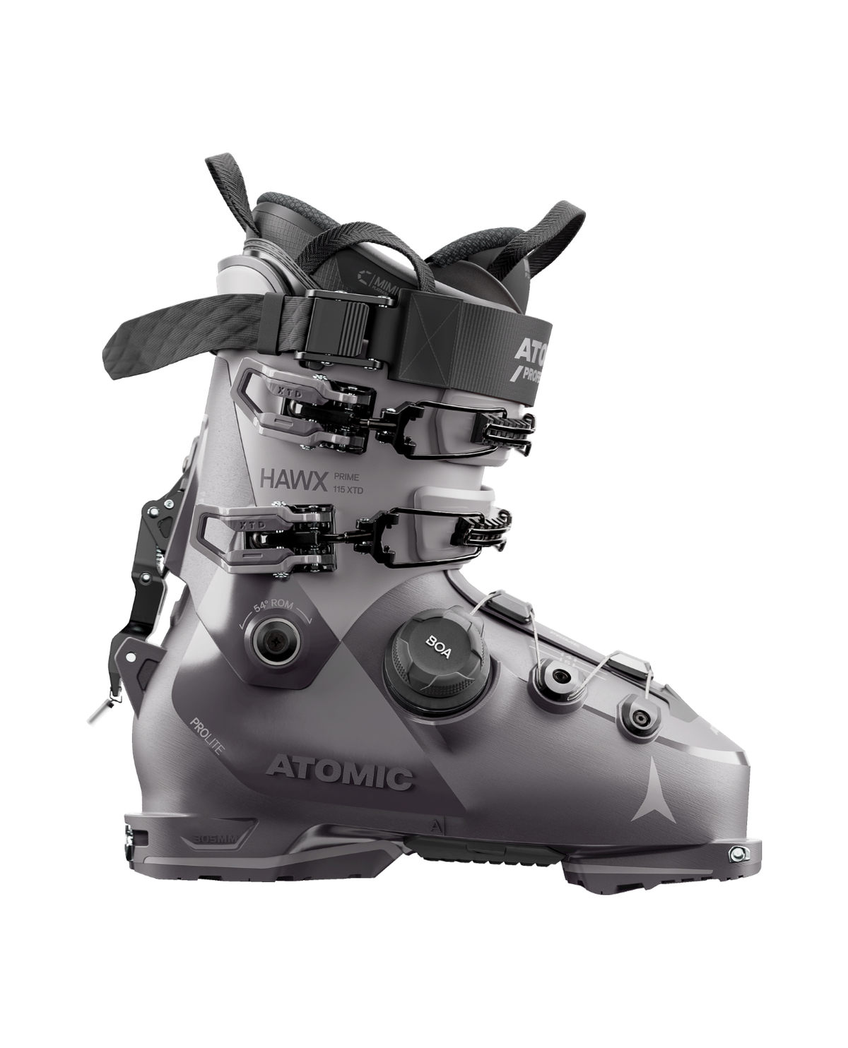 Grå Atomic Hawx Prime XTD 115 BOA, teknisk toppturspjäxa med BOA-system och gåläge för alpin skidåkning.