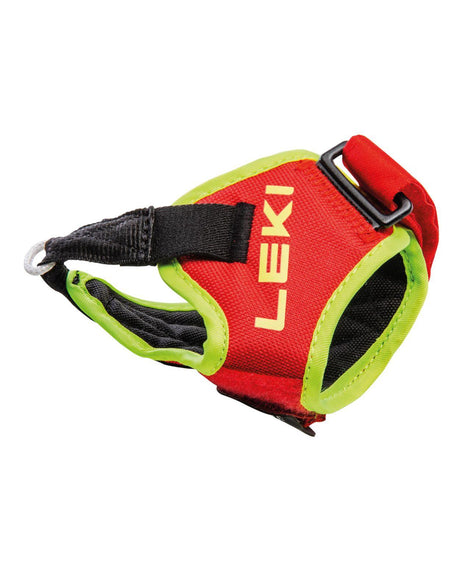 Leki Trigger Frame Strap i rött och neongult, en ergonomisk handrem optimerad för alpina tävlingsåkare.
