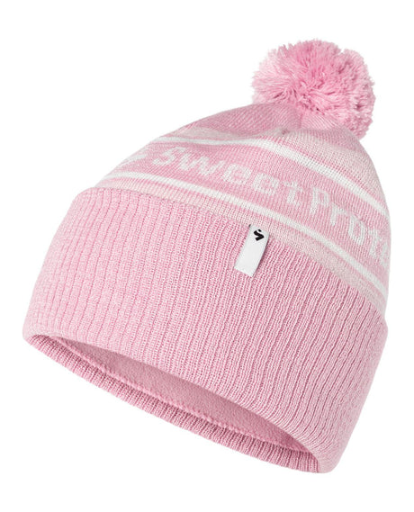 Lila Sweet Protection Method Pom Beanie, ribbstickad tofsmössa med vit textrand för alpina skidåkare.