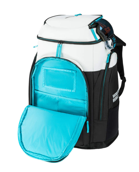 Svartvit HEAD Rebels Racing Backpack L med öppet turkost organiseringsfack och fäste för skidglasögon.