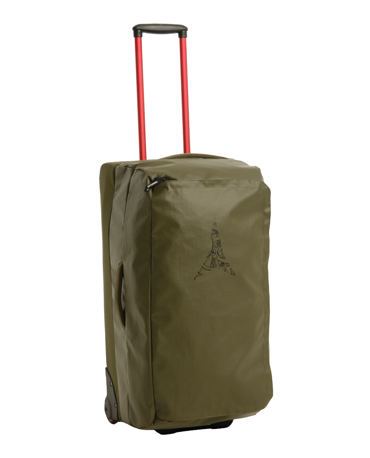 Grön Atomic Trolley 90L resväska med hjul och rött teleskopiskt handtag i slitstarkt material för alpina resor.