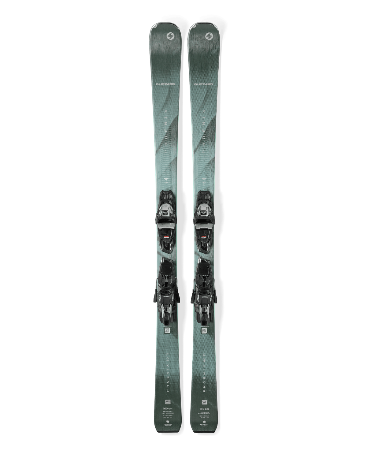 Blizzard Phoenix 80 Ti damers pistskidor med bindningar i en grön design mot vit bakgrund.