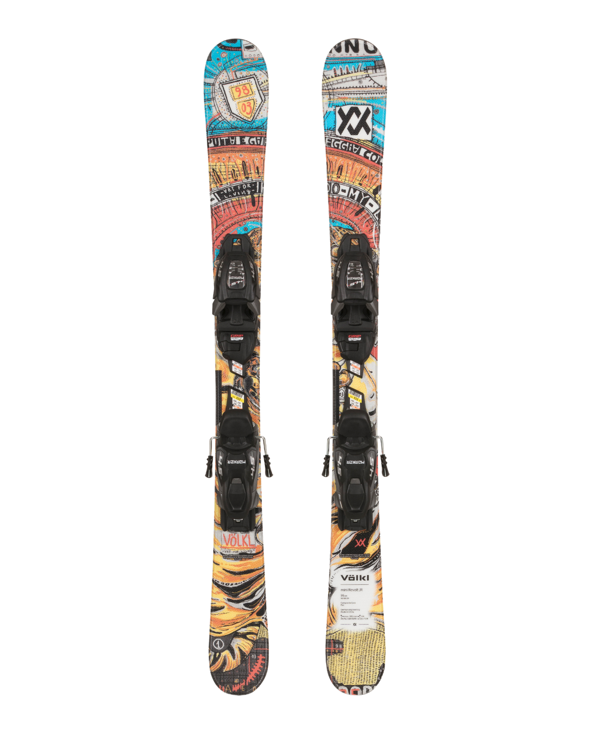 Völkl Mini Revolt Junior juniorskidor med Marker 4.5 VMotion JR-bindningar i en färgglad och lekfull design.