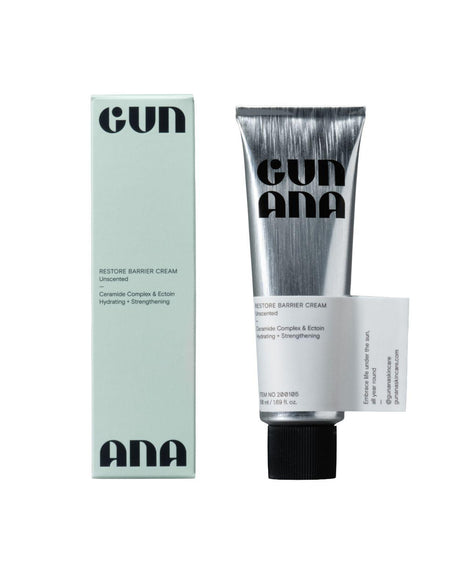 Gun Ana Restore Barrier Cream i en ljusgrön förpackning och matchande metalltub med svart kork.