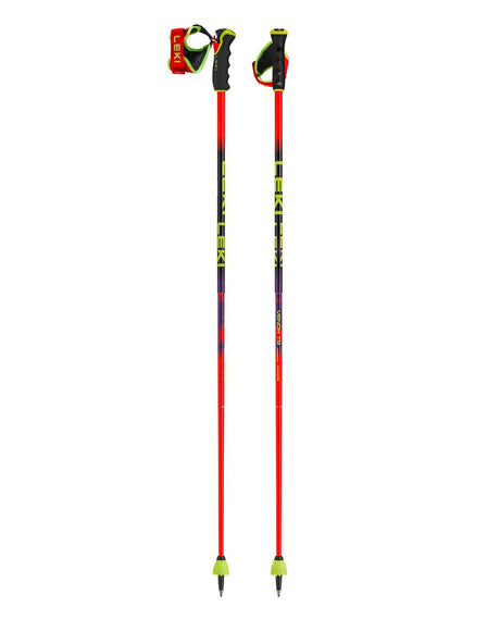 Leki Venom GS TR storslalomstavar i ny röd, lila och neongul design för alpina tävlingsåkare.