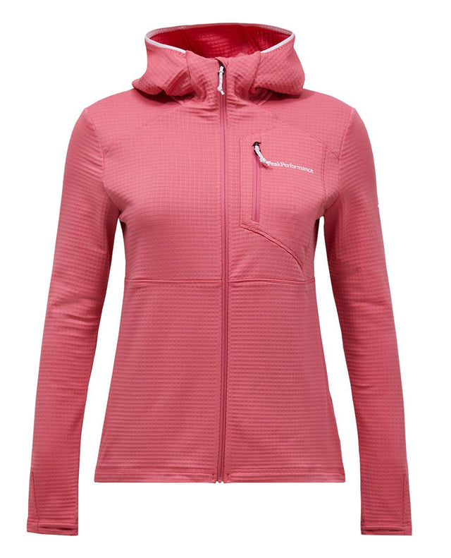 Peak Performance Trail Polartec Zip Hood Dam i färg Mountain Blush, en rosa fleecejacka med huva och dragkedja.